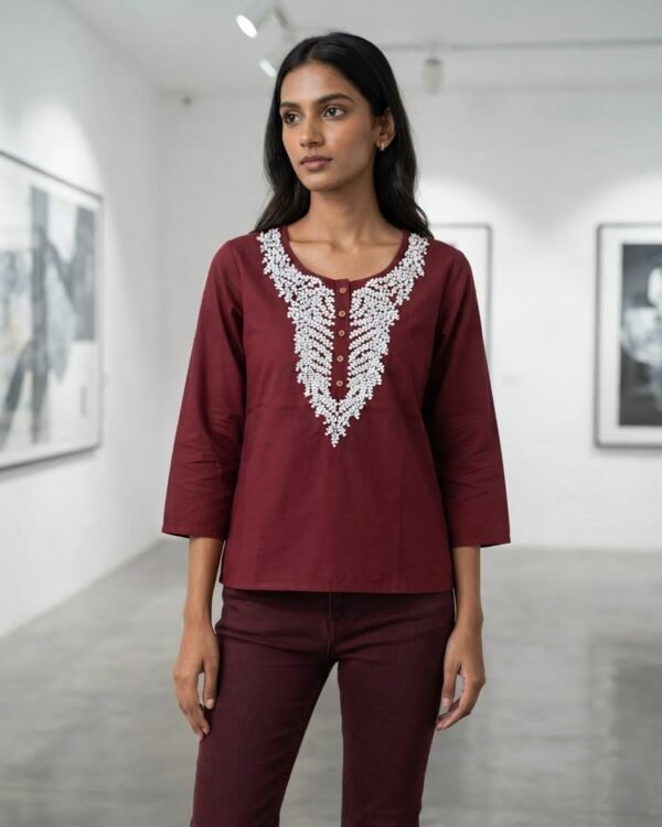 Cotton Neck Embroidery | Wine