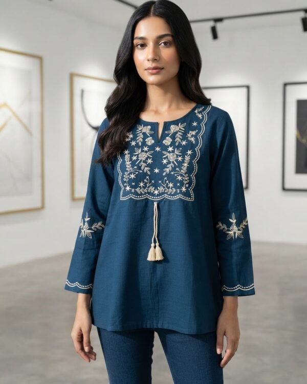 Cotton Hand Embroidery | Teal Blue